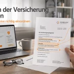 Versicherungsschreiben mit markierten Hinweisen auf Schreibtisch