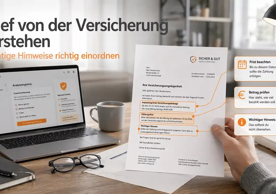 Versicherungsschreiben mit markierten Hinweisen auf Schreibtisch