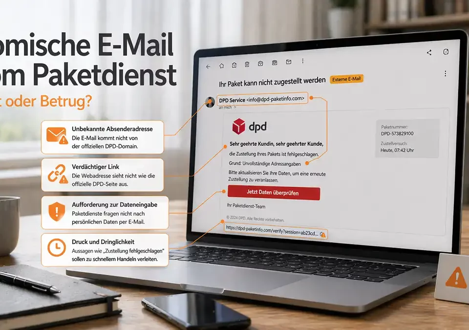 Verdächtige Paketdienst E Mail auf Laptop mit markierten Warnzeichen