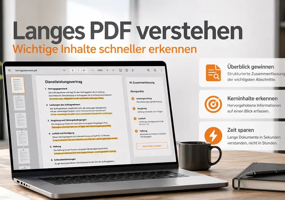 Langes PDF Dokument mit hervorgehobenen Kerninhalten auf Bildschirm
