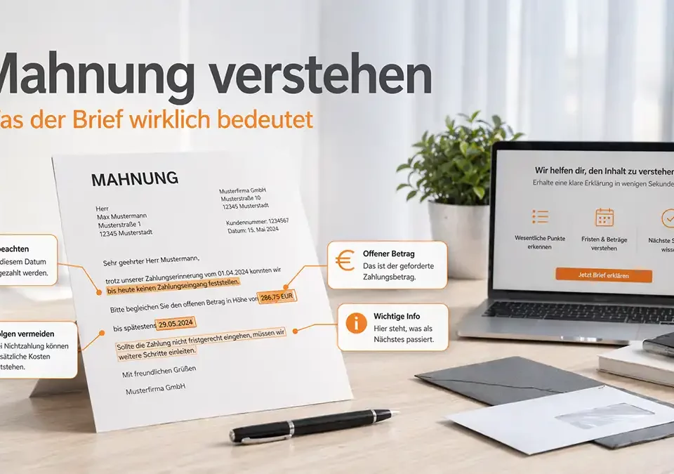 Mahnung auf Schreibtisch mit erklärenden Hinweisen