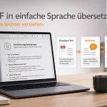 Kompliziertes PDF mit vereinfachter Erklärung auf Laptop
