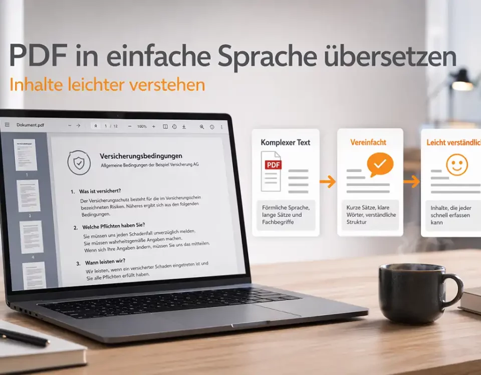 Kompliziertes PDF mit vereinfachter Erklärung auf Laptop