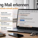 Verdächtige Phishing Mail auf Laptop mit markierten Warnzeichen
