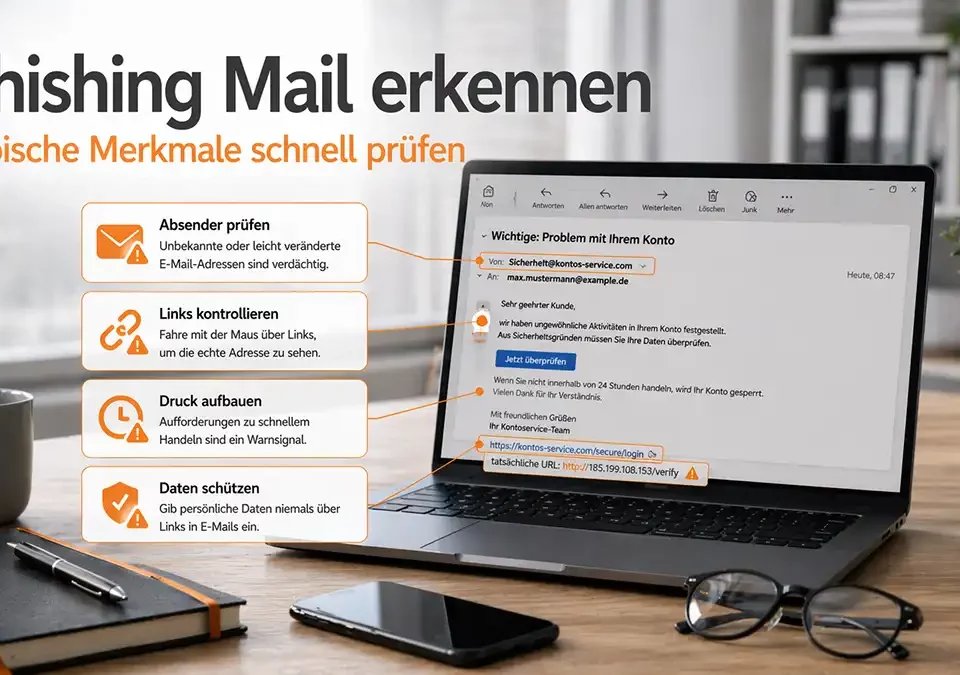 Verdächtige Phishing Mail auf Laptop mit markierten Warnzeichen