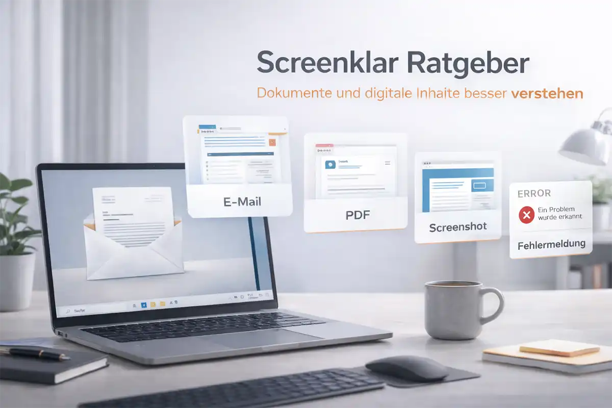 Screenklar Ratgeber mit Themenkarten für Briefe E-Mails PDFs Screenshots und Fehlermeldungen