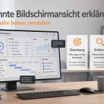 Unbekannte Bildschirmansicht auf Monitor mit erklärenden Hinweisen