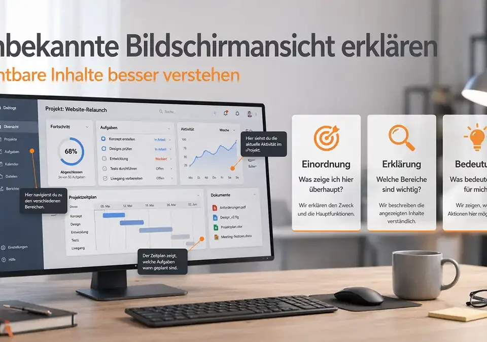Unbekannte Bildschirmansicht auf Monitor mit erklärenden Hinweisen