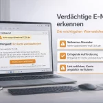 Verdächtige E-Mail auf Laptop mit markierten Warnzeichen