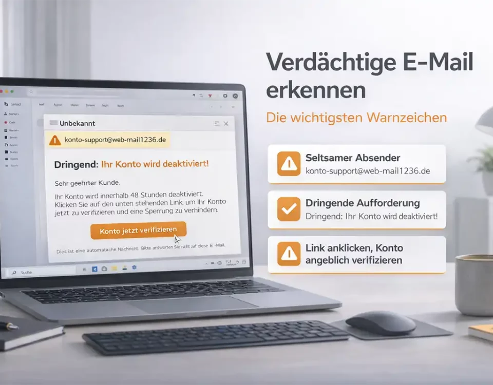 Verdächtige E-Mail auf Laptop mit markierten Warnzeichen