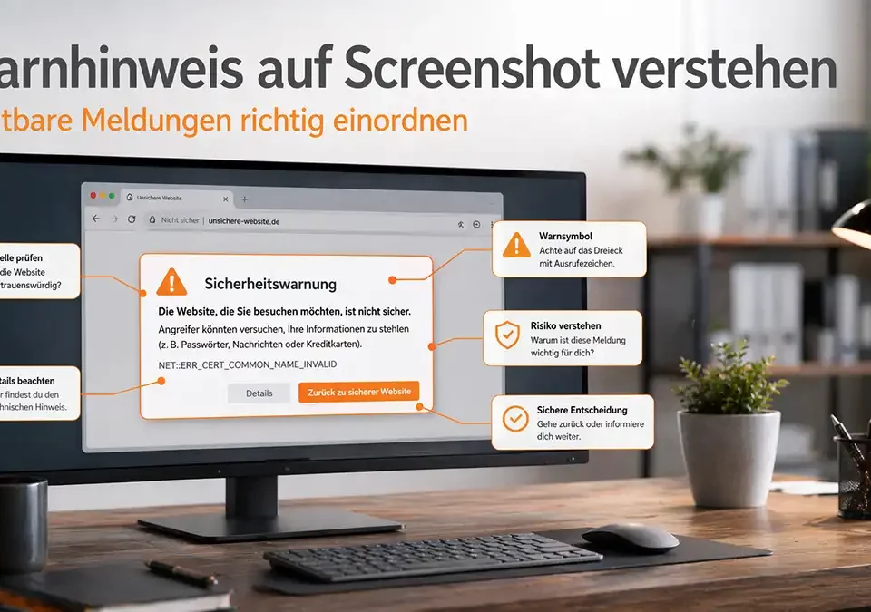 Warnhinweis auf Screenshot mit erklärenden Markierungen