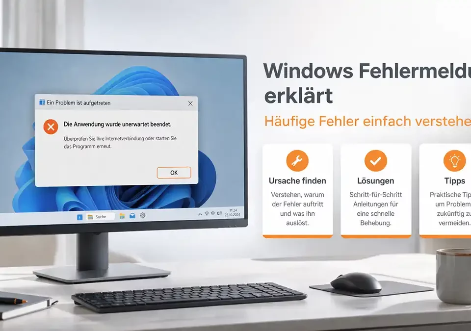Windows Fehlermeldung auf Bildschirm mit erklärenden Hinweisen